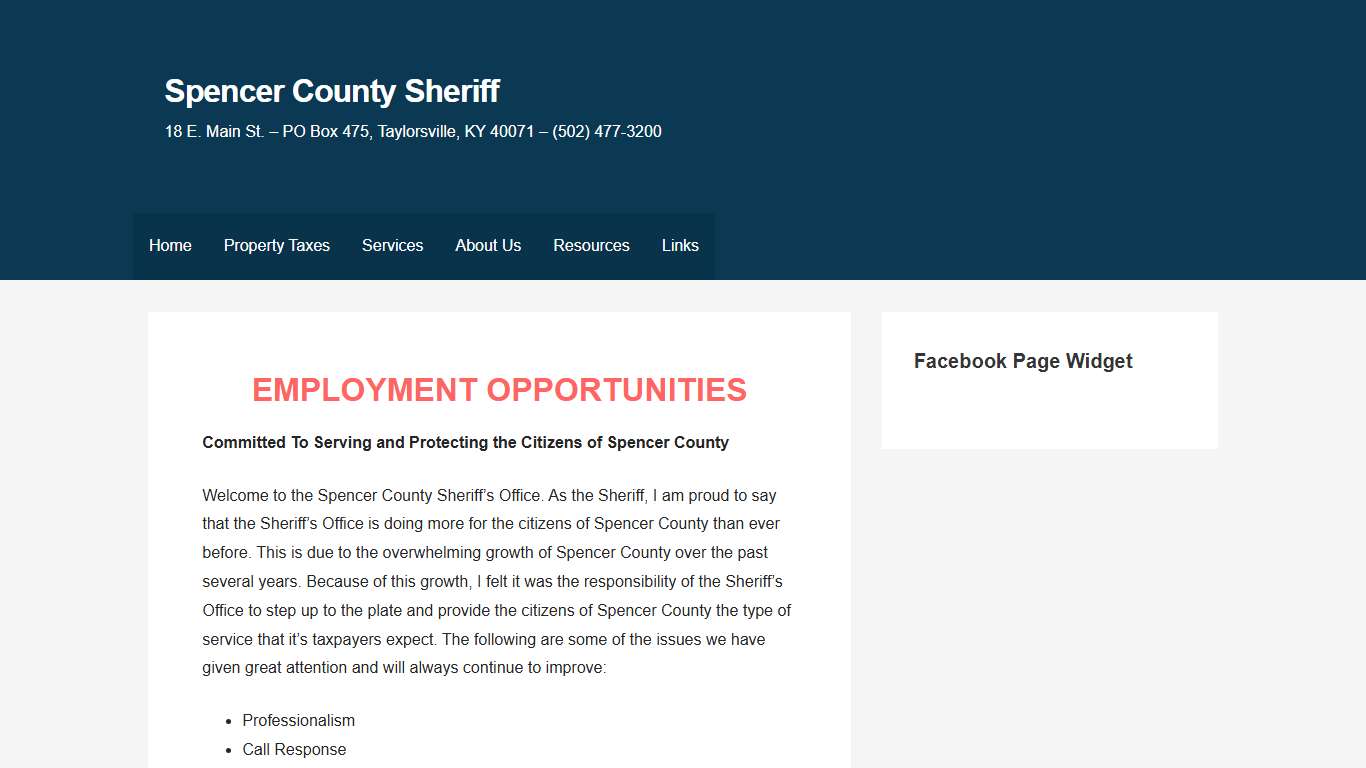 Spencer County Sheriff – 18 E. Main St. – PO Box 475, Taylorsville, KY 40071 – (502) 477-3200